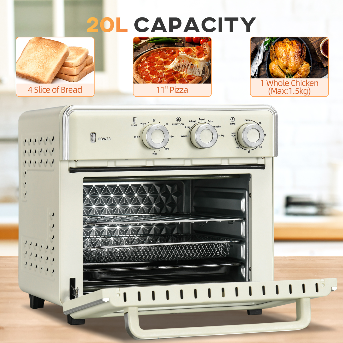 HOMCOM 7-in-1 20L Toaster Oven Air Fryer 4-Slice 1400W Timer 90-230℃ 360°