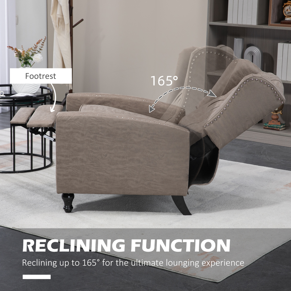 HOMCOM Brown Marble Effect Manual Reclining Armchair w Footrest Studs 150kg