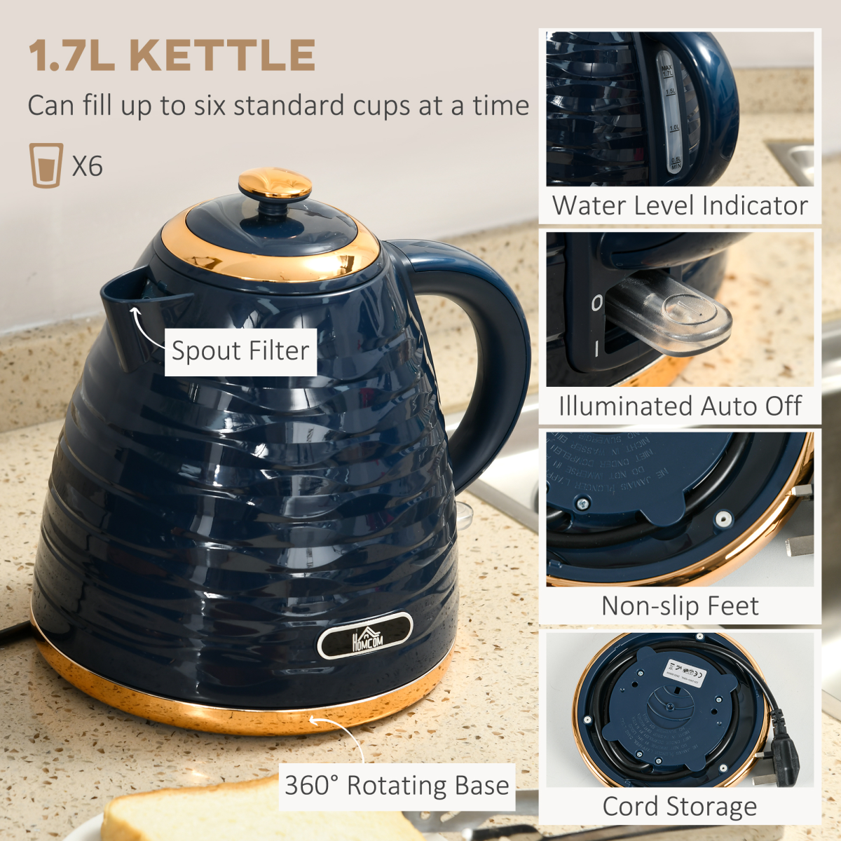 HOMCOM 1.7L Kettle & 4 Slice Toaster Set Fast Boil Rapid Blue with Safety
