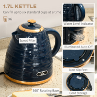HOMCOM 1.7L Kettle & 4 Slice Toaster Set Fast Boil Rapid Blue with Safety