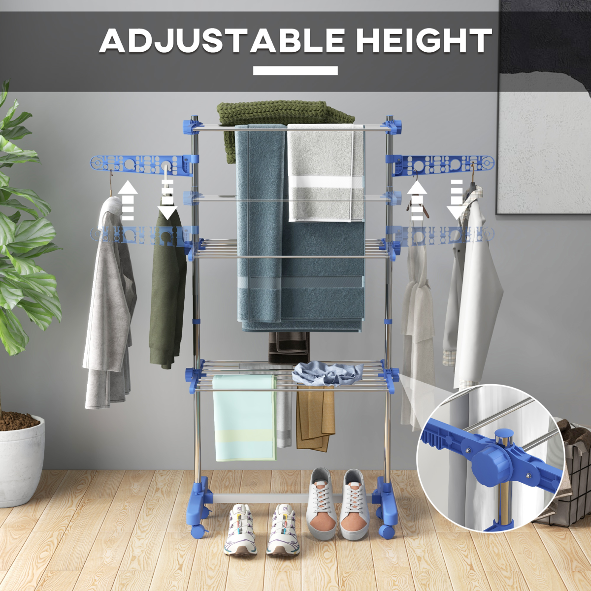 HOMCOM 3-Tier Stainless Steel Clothes Airer Drying Rack, Folding w Wheels Blue