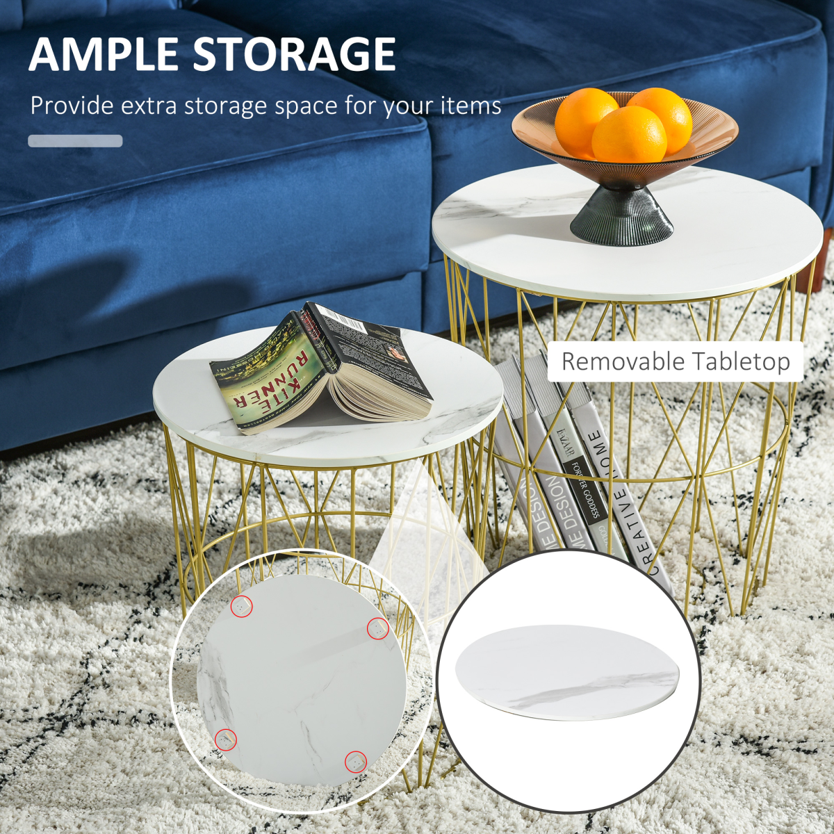 HOMCOM Set of 2 Nesting End Tables Side Tables with Basket Removable Top White