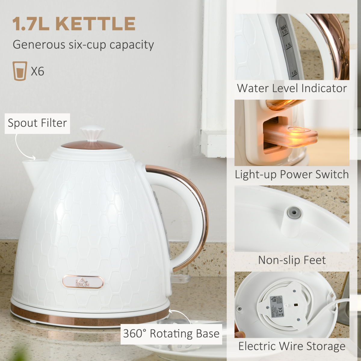 HOMCOM 1.7L Kettle & 4-Slice Toaster Set, Defrost Reheat, Crumb Tray, White