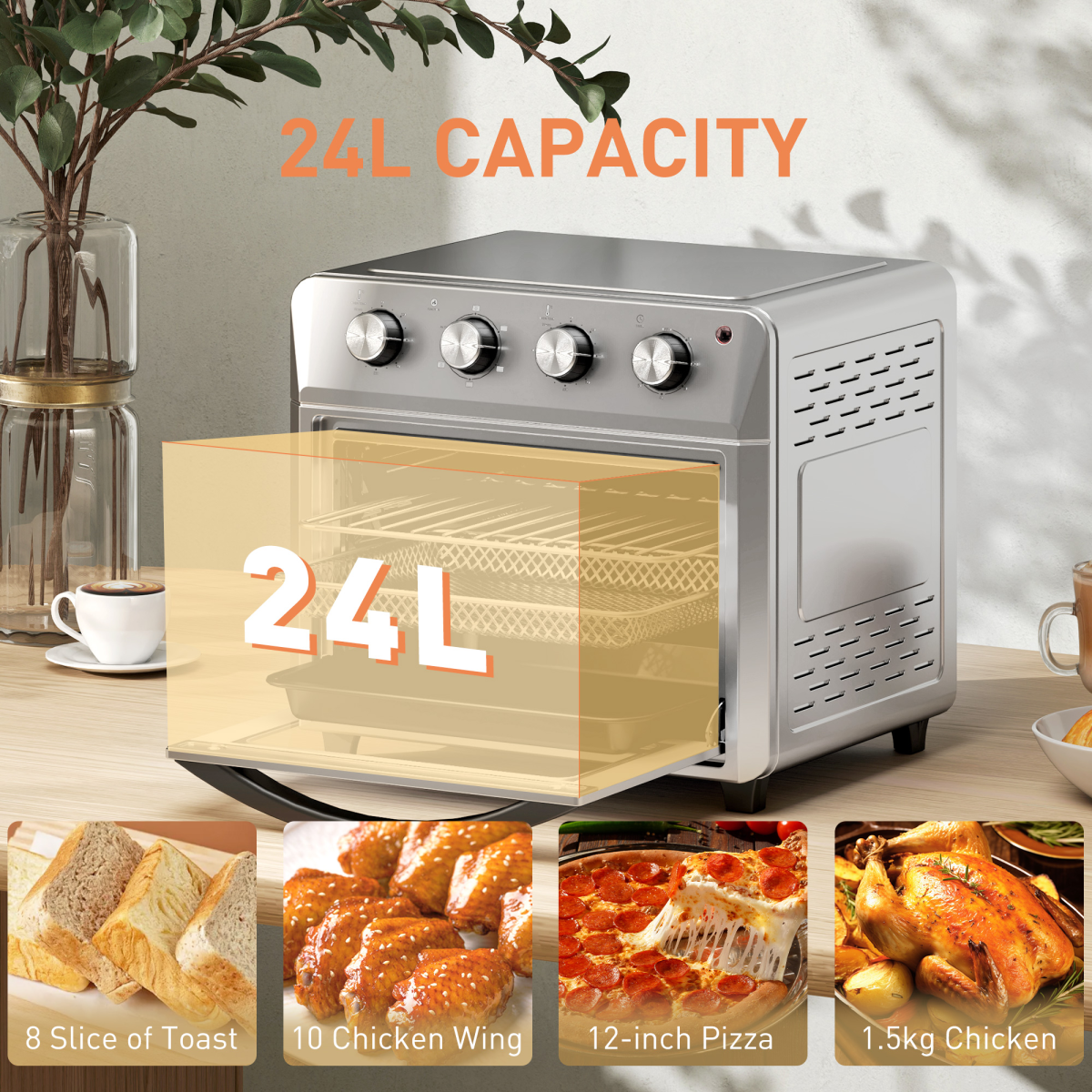 HOMCOM 24L Air Fryer Oven 1600W 90-230°C Grill Bake Roast Compact 7 Modes
