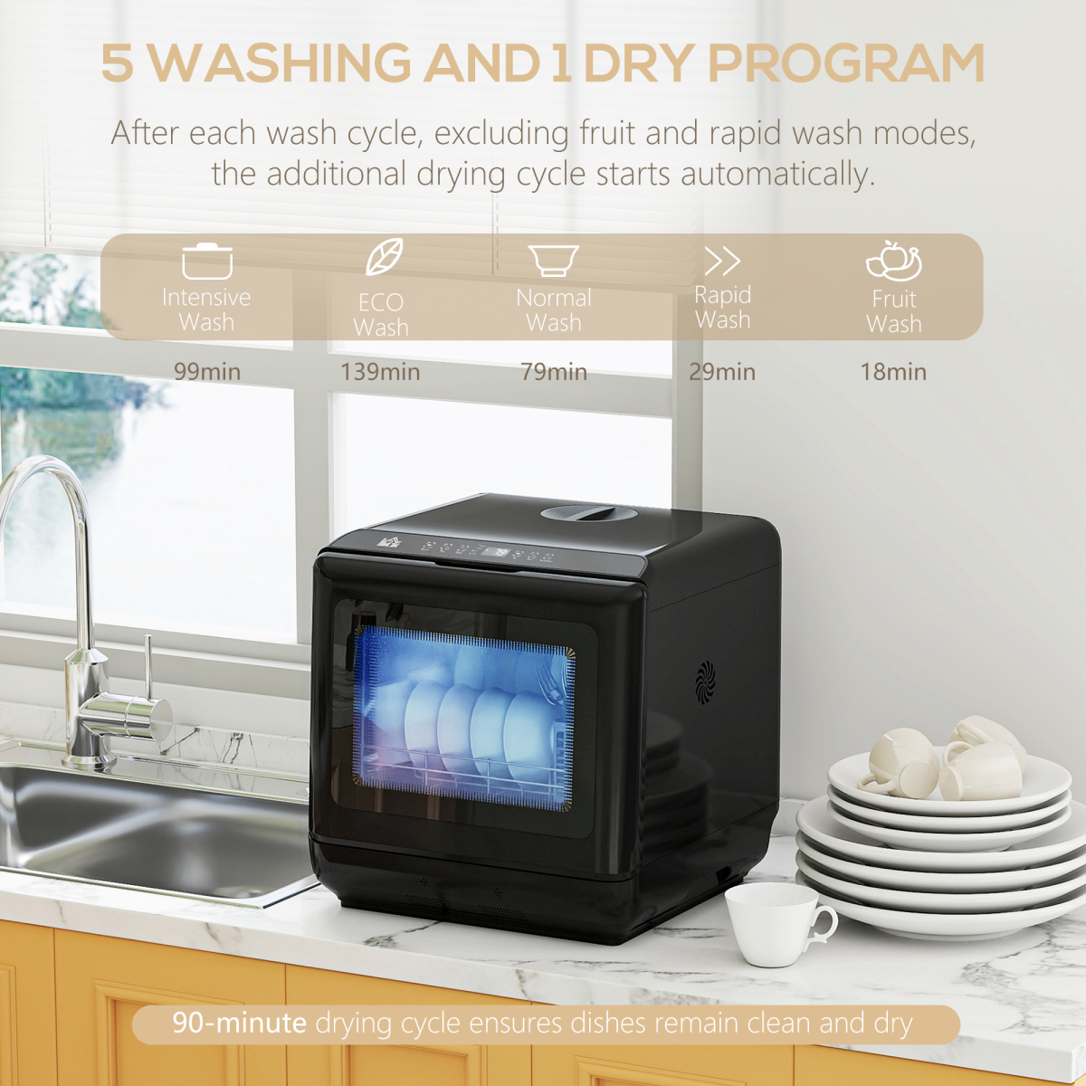 HOMCOM Countertop Dishwasher 4 Place Settings Dual Water Supply 6 Programs Black