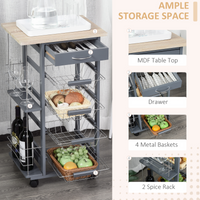Kitchen Island Trolley Cart w/ 4 Baskets, Drawer & Side Racks Dark Grey