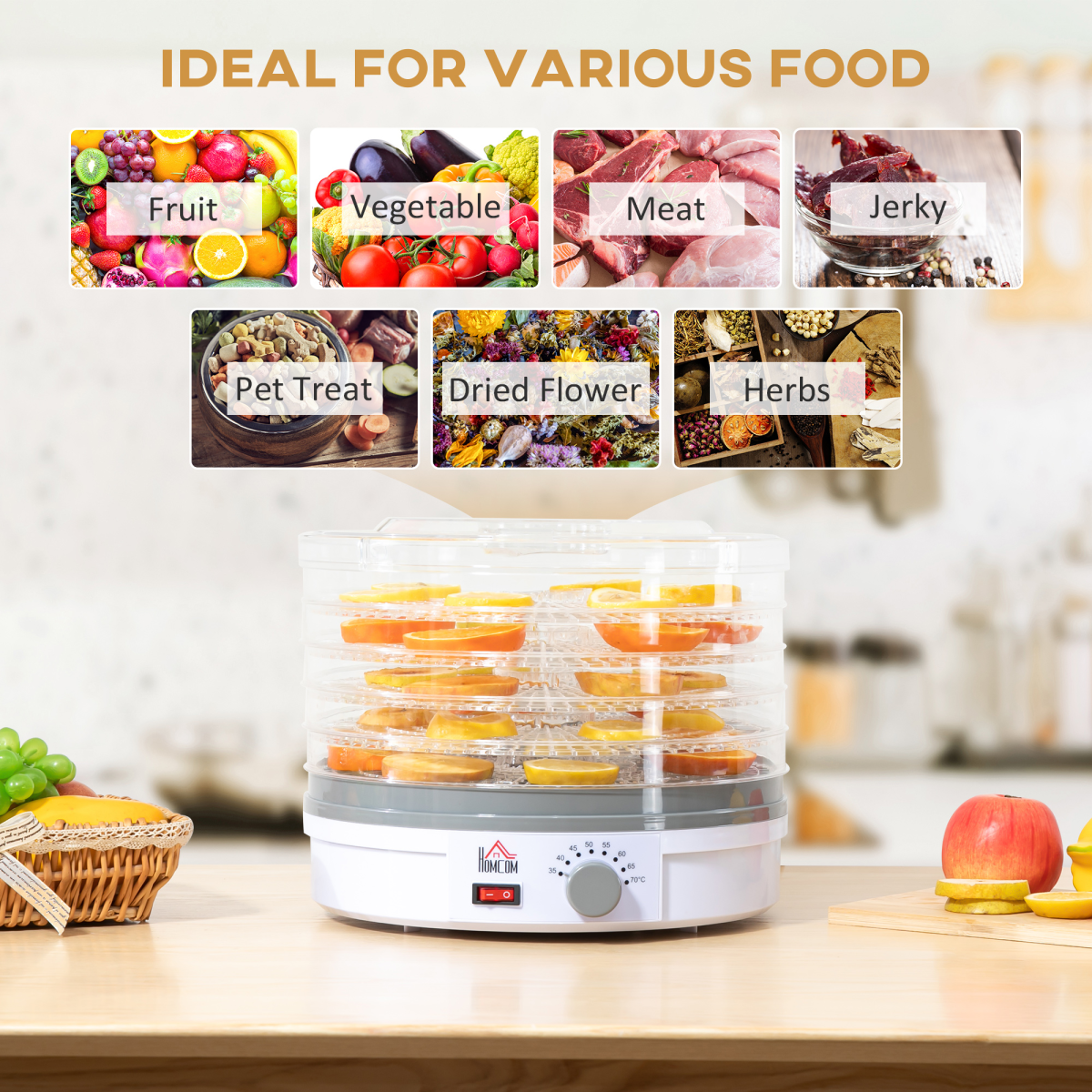 5 Tier Food Dehydrator 245W Stainless Steel Dryer Timer LCD 35-70°C White