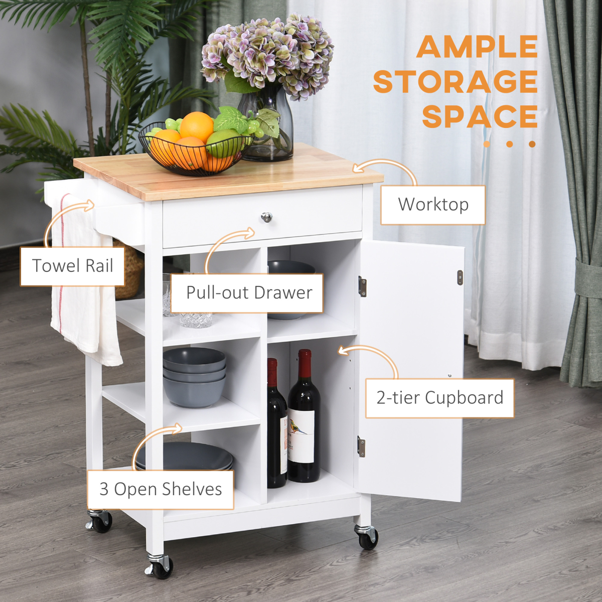 MDF Kitchen Storage Trolley White, 1 Drawer, 3 Shelves, Cabinet & Rails, Wheels