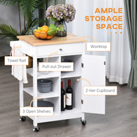 MDF Kitchen Storage Trolley White, 1 Drawer, 3 Shelves, Cabinet & Rails, Wheels
