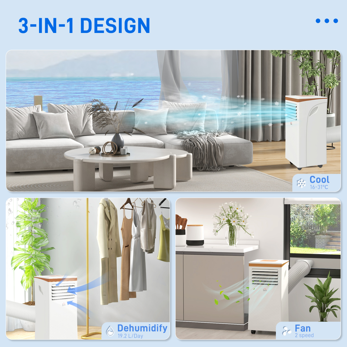 HOMCOM 9000BTU Portable Air Conditioner R290 4 Modes Timer LED Remote Wheels