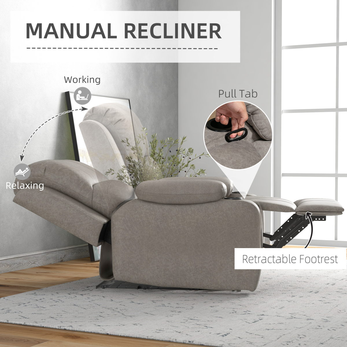 HOMCOM Faux Leather Recliner Armchair with Cup Holders, 135° Manual UK, 150kg