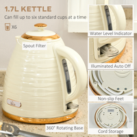 HOMCOM 1.7L Rapid Boil Kettle & 4-Slice Toaster Set, Beige, Safety & Browning
