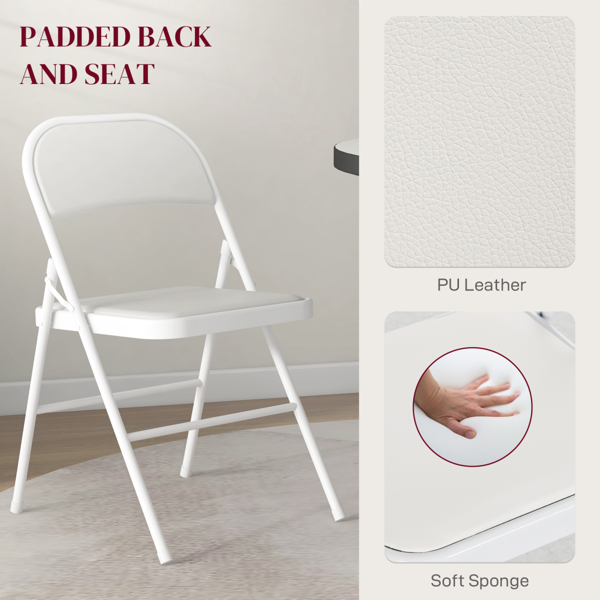 HOMCOM 2 Pack Padded Folding Chairs Cushioned Seat Metal Frame White PU Leather