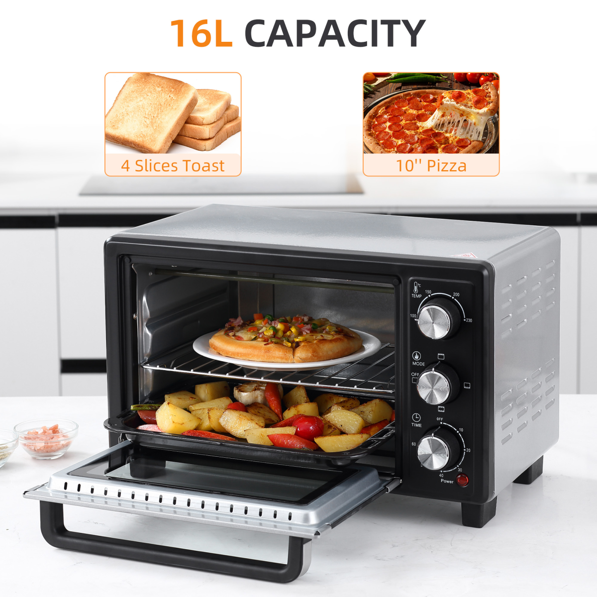 iHomeDirect 16L Mini Oven Toaster Oven with Grill Timer 1400W Adjustable Thermostat