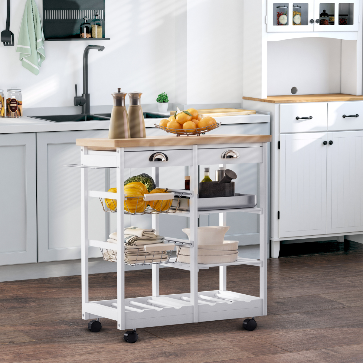 Kitchen Island Trolley 74W x 37D x 76Hcm White Pine Worktop 6-Bottle Wine Rack