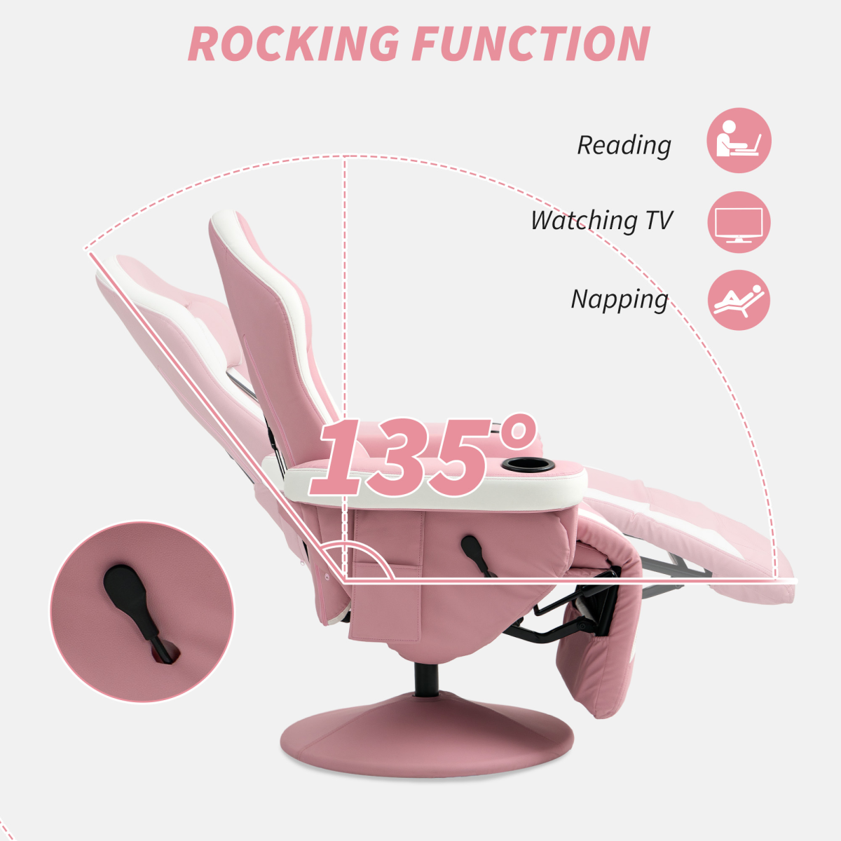 HOMCOM Pink 135° Manual Recliner Swivel Armchair PU Sofa Chair Footrest 130kg