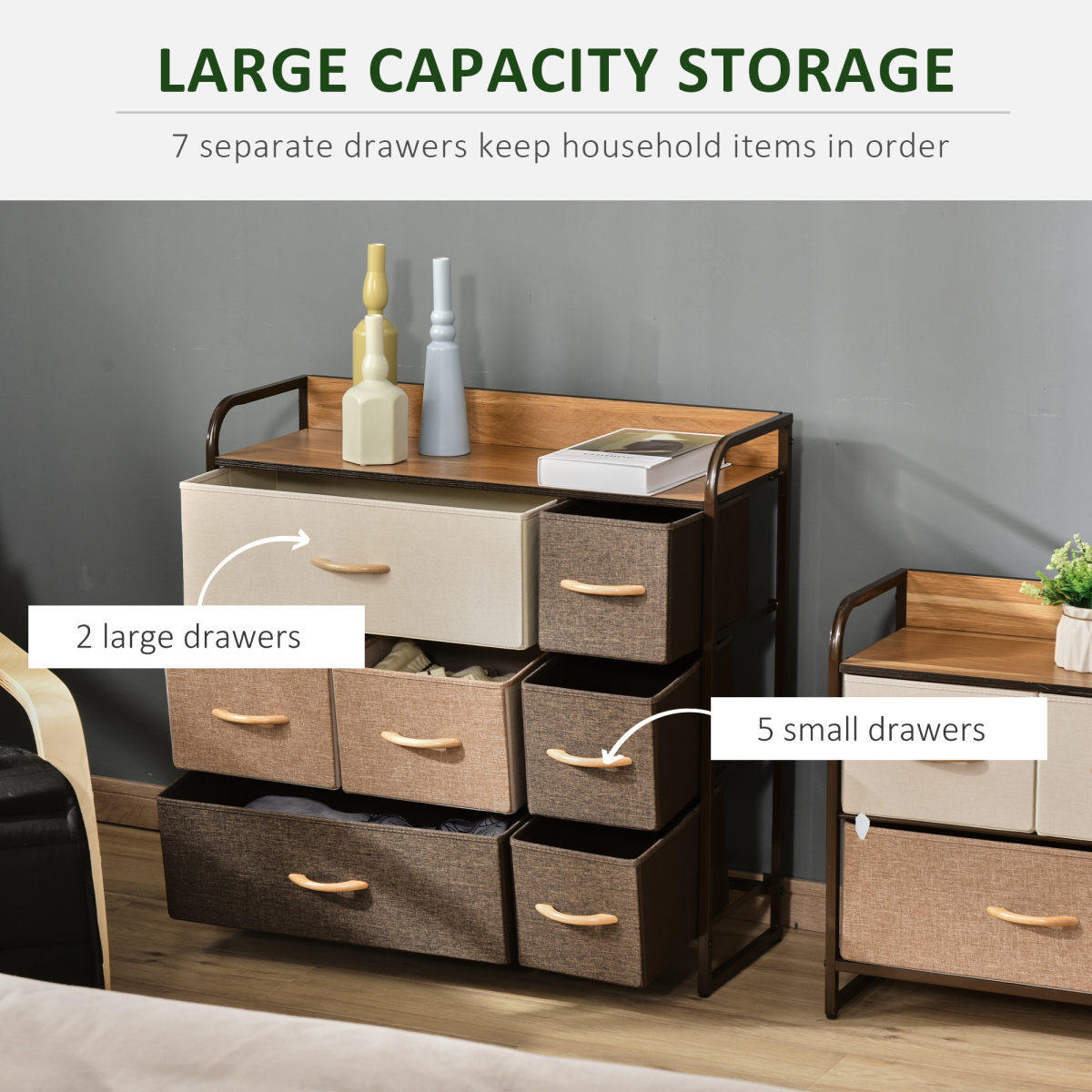 HOMCOM 7 Drawer Fabric Dresser Chest of Drawers Storage Organizer MDF Top