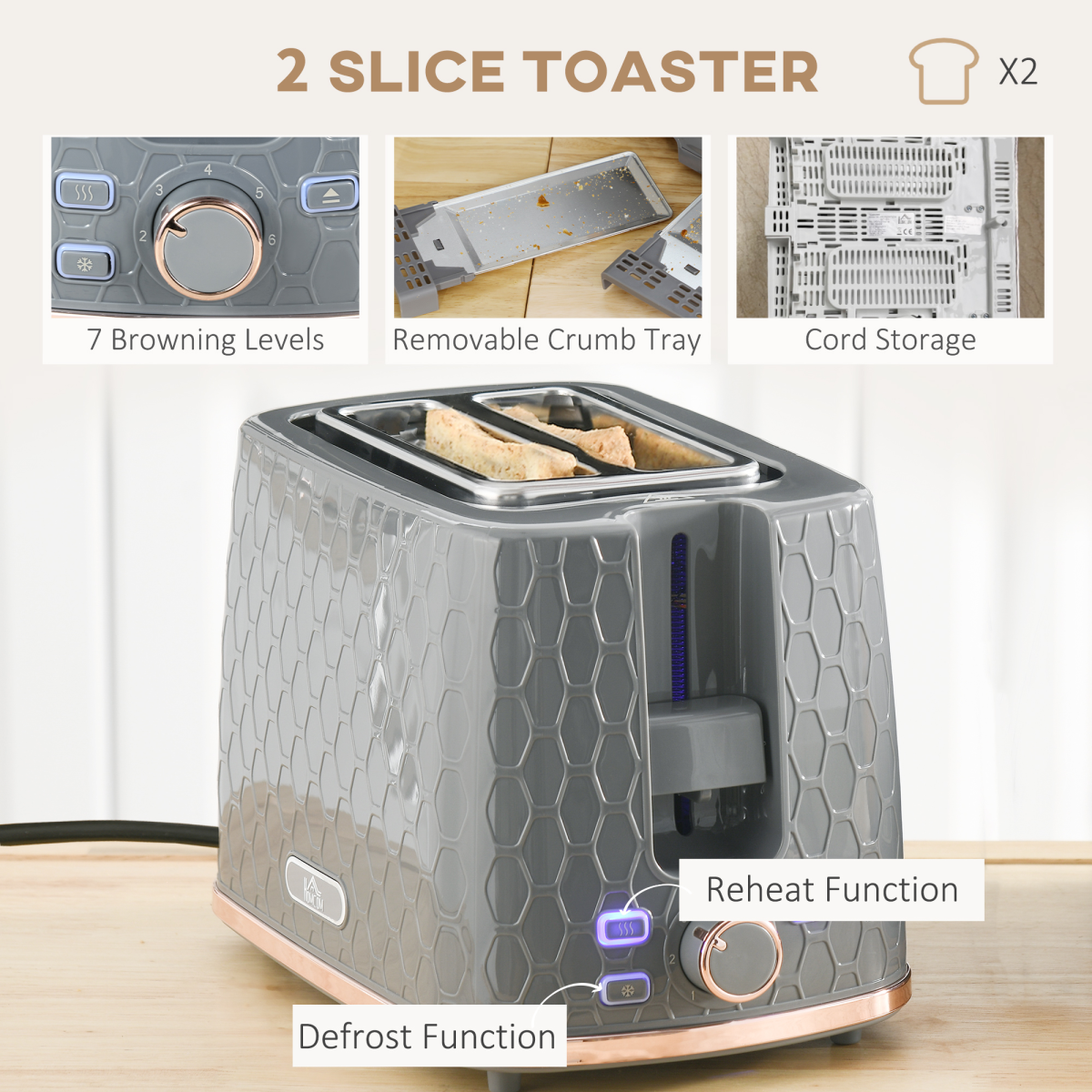 HOMCOM 1.7L Kettle & 2 Slice Toaster Set Fast Boil Honeycomb Grey UK