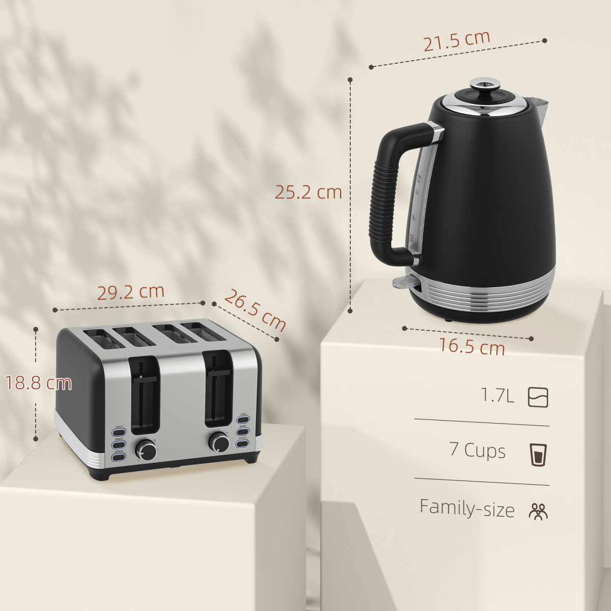HOMCOM Black 1.7L 3000W Kettle & 4-Slice 1860W Toaster Set w/ Crumb Tray