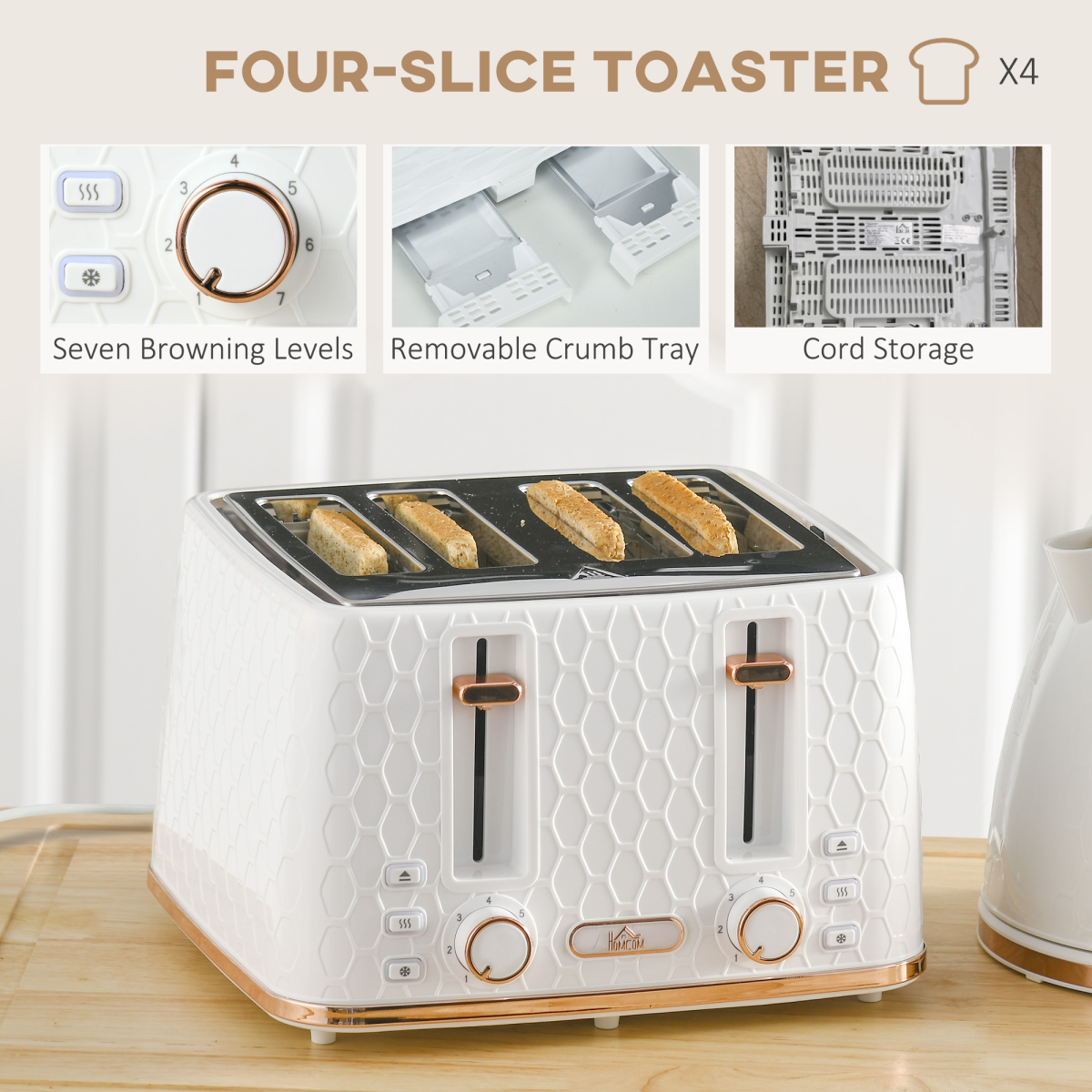 HOMCOM 1.7L Kettle & 4-Slice Toaster Set, Defrost Reheat, Crumb Tray, White