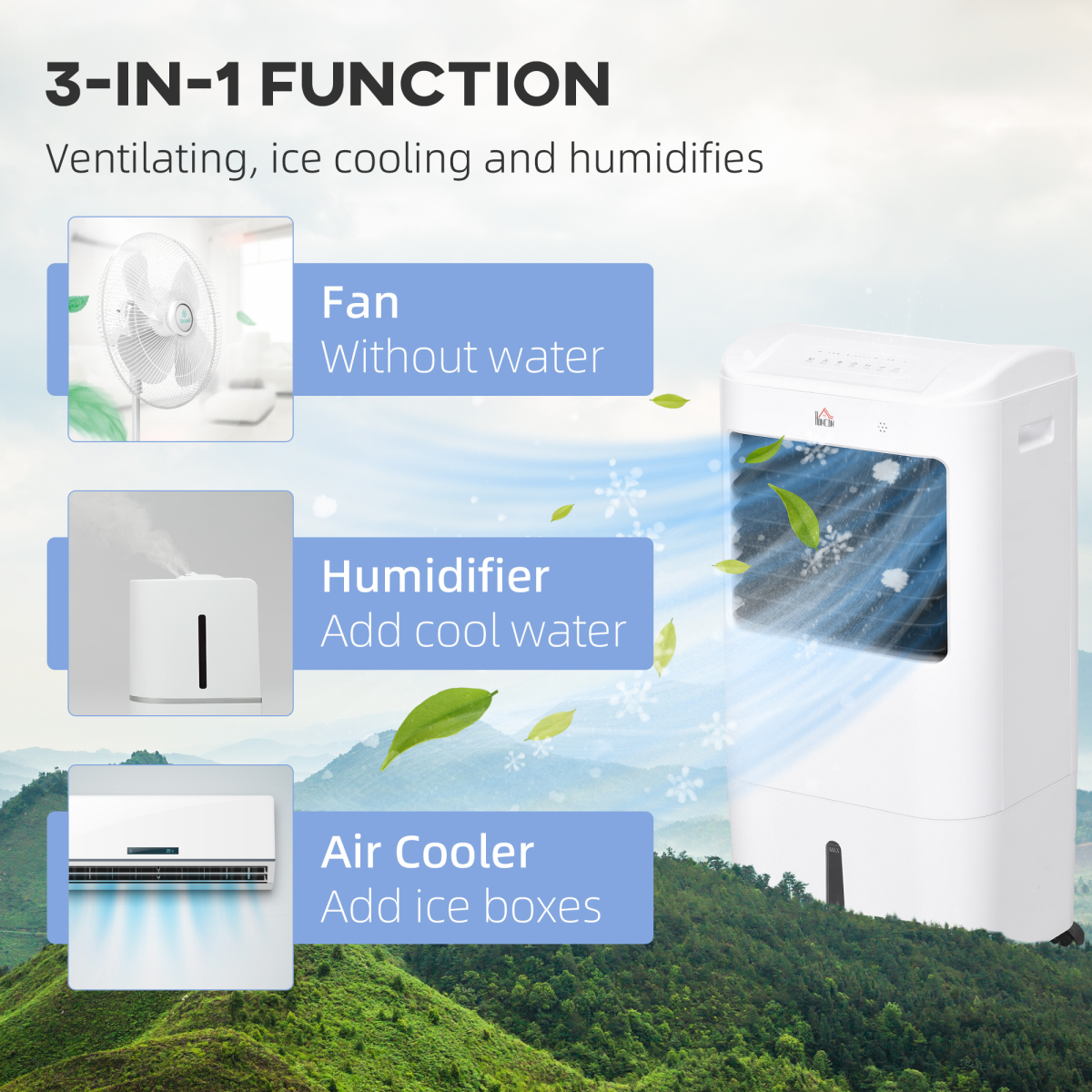 HOMCOM 3-in-1 Air Cooler Fan & Ice, Oscillation, Humidify, Wheels, Timer, UK
