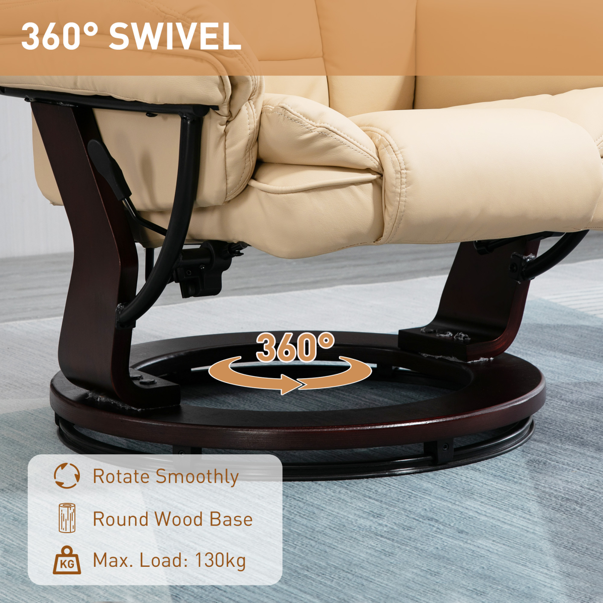 HOMCOM Swivel Manual Recliner Lounge Chair + Footrest Set PU Leather Beige 130kg