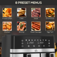HOMCOM Dual Zone Air Fryer 8.5L, SYNCFinish, 8 Presets, 2700W, Black/Silver