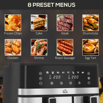 HOMCOM Dual Zone Air Fryer 8.5L, SYNCFinish, 8 Presets, 2700W, Black/Silver