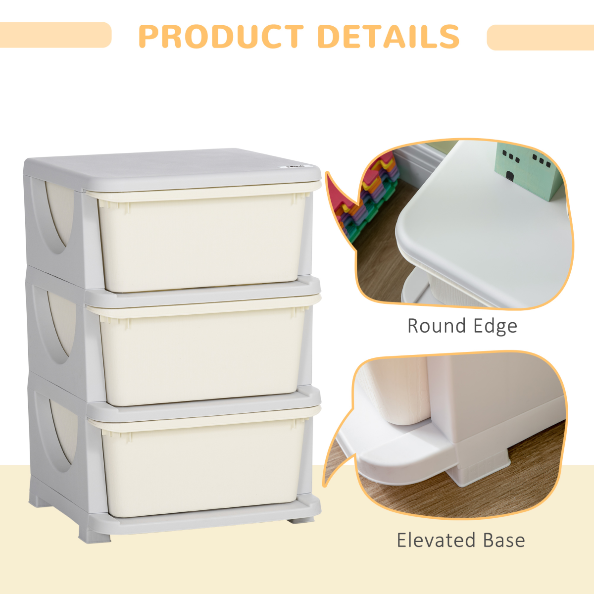 HOMCOM Kids Storage Unit w/ Three Drawers Three-Tier Chest Vertical Dresser