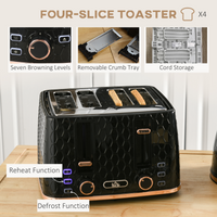 HOMCOM 1.7L Kettle & 4-Slice Toaster Set, Defrost Reheat Auto-Centres Black