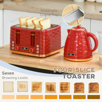 HOMCOM Red 1.7L Rapid Boil Kettle & 4 Slice Toaster Set Pebbled Design UK
