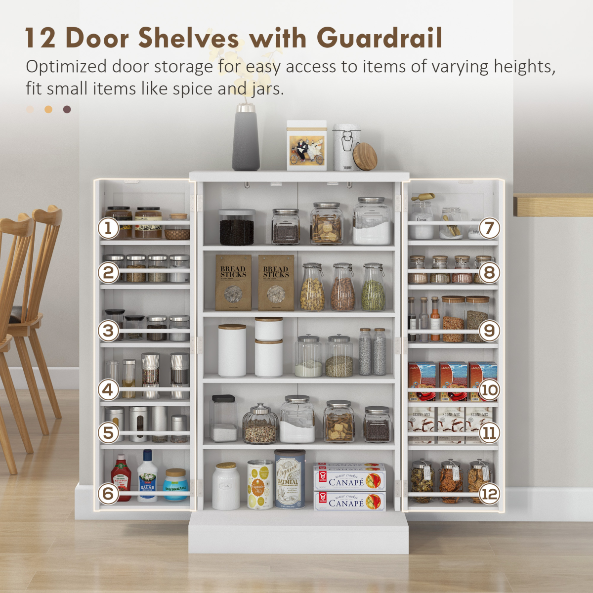 HOMCOM White Kitchen Cupboard Double Doors 5-Tier Shelf 12 Spice Racks