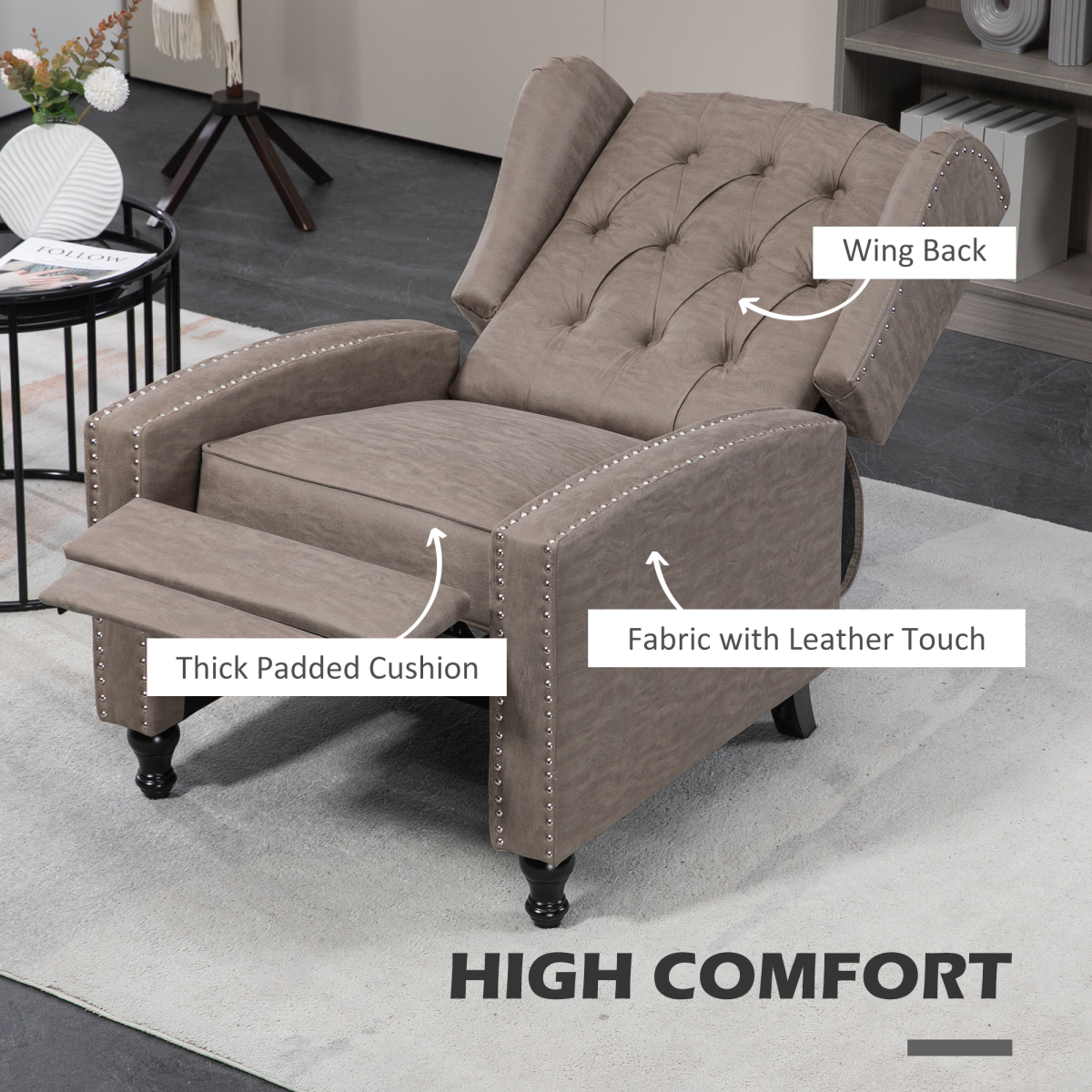 HOMCOM Brown Marble Effect Manual Reclining Armchair w Footrest Studs 150kg