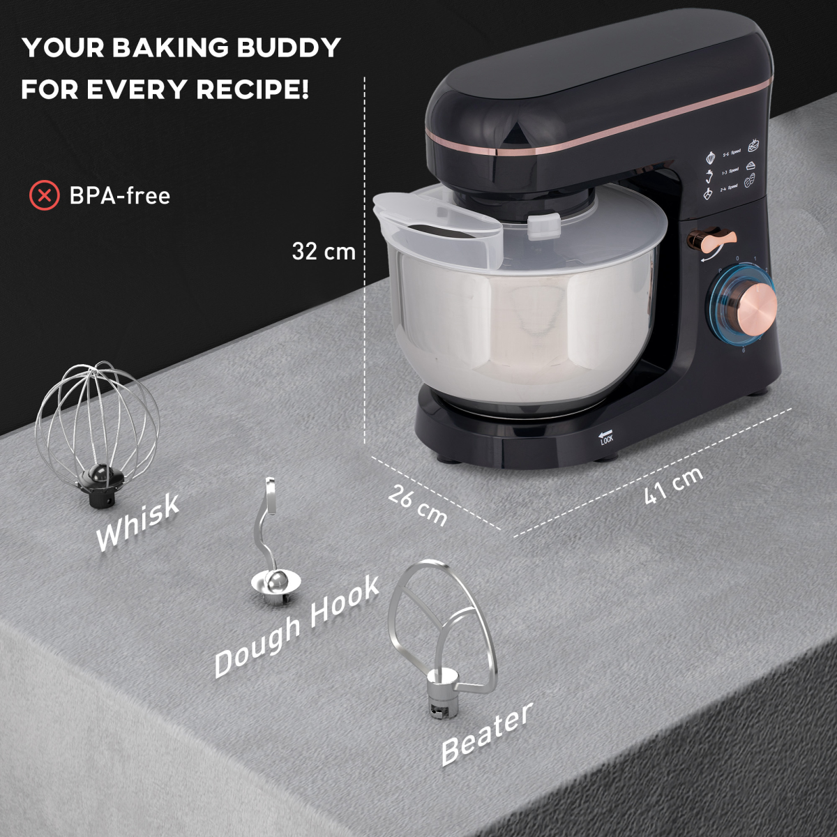 1400W Stand Mixer 5L Stainless Steel Bowl 6 Speed Pulse Tilt-Head Black