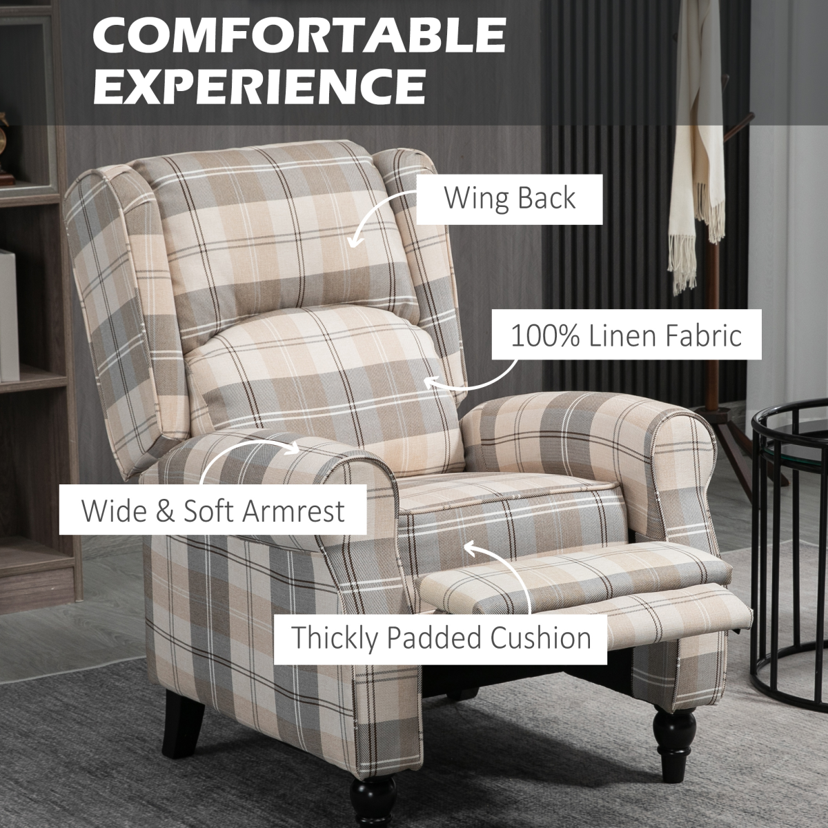 HOMCOM Khaki Recliner Chair Wingback Armchair Adjustable Back 150kg 90-150°