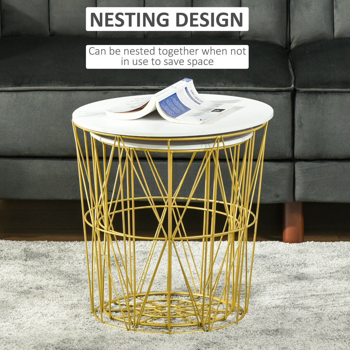 HOMCOM Set of 2 Nesting End Tables Side Tables with Basket Removable Top White