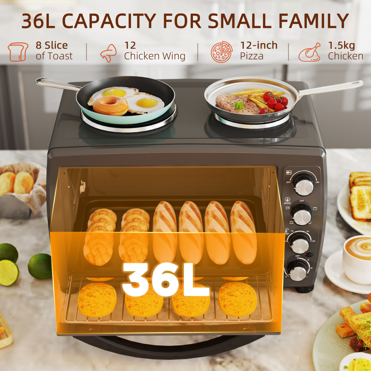 HOMCOM 36L Toaster Oven 2 Hot Plates 2600W Grill Roast Bake with Timer Black UK