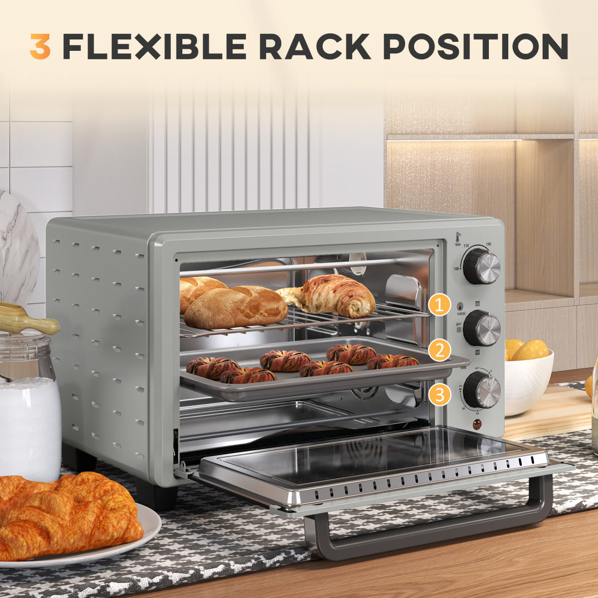 HOMCOM 21L Mini Electric Oven Grill, Adjustable Temp 100-230°C, 1400W Silver