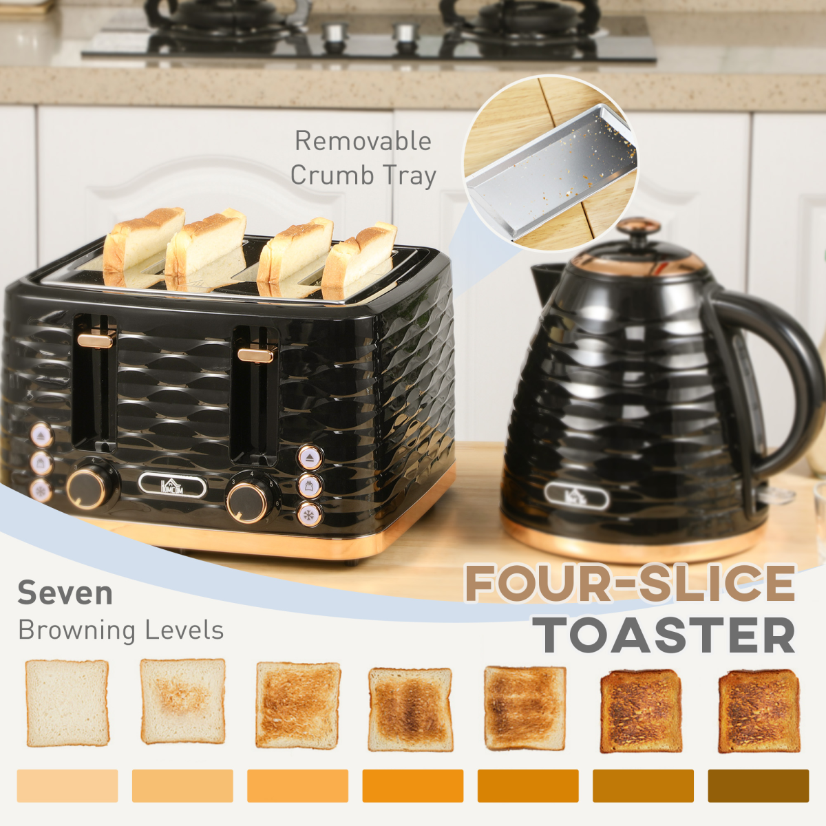 HOMCOM Electric Kettle Toaster Set 1.7L Rapid Boil 4 Slice Black UK Plug