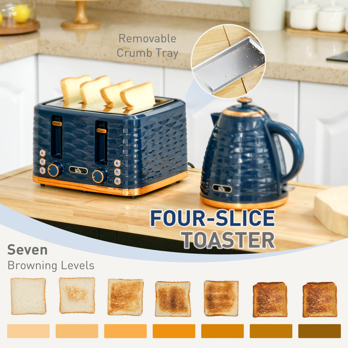 HOMCOM 1.7L Kettle & 4 Slice Toaster Set Fast Boil Rapid Blue with Safety