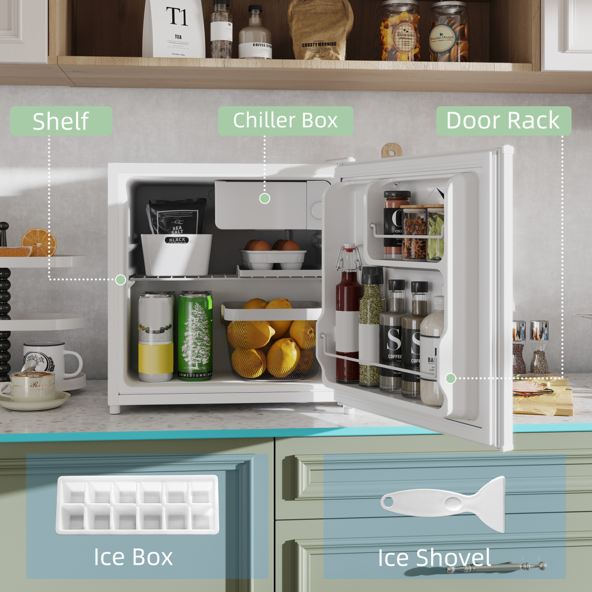 HOMCOM 46L Table Top Mini Fridge Countertop w Chiller Box 0–8°C Cream UK