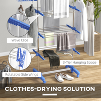 HOMCOM 3-Tier Stainless Steel Clothes Airer Drying Rack, Folding w Wheels Blue