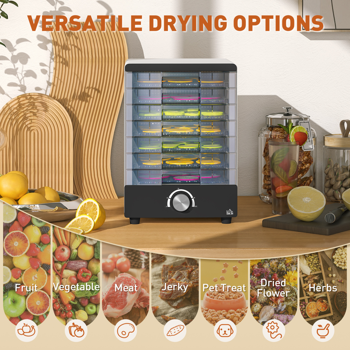 HOMCOM Food Dehydrator 7 Tray Stainless Steel Hot Air Dryer 40-70°C Fruit Meat White