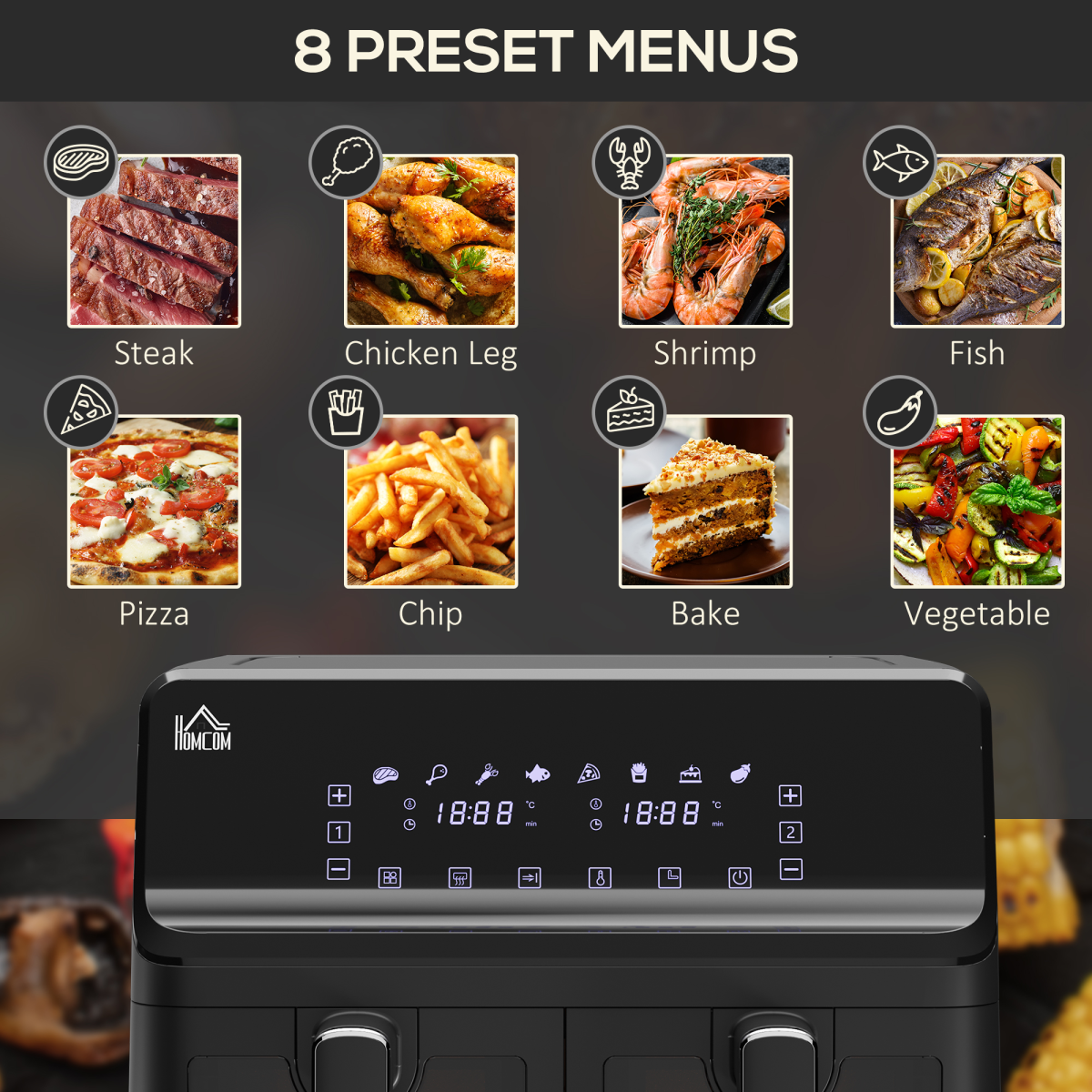 Dual Air Fryer 8L 2 Baskets 8 Presets Timer 2500W Cookbook Non-stick UK Plug