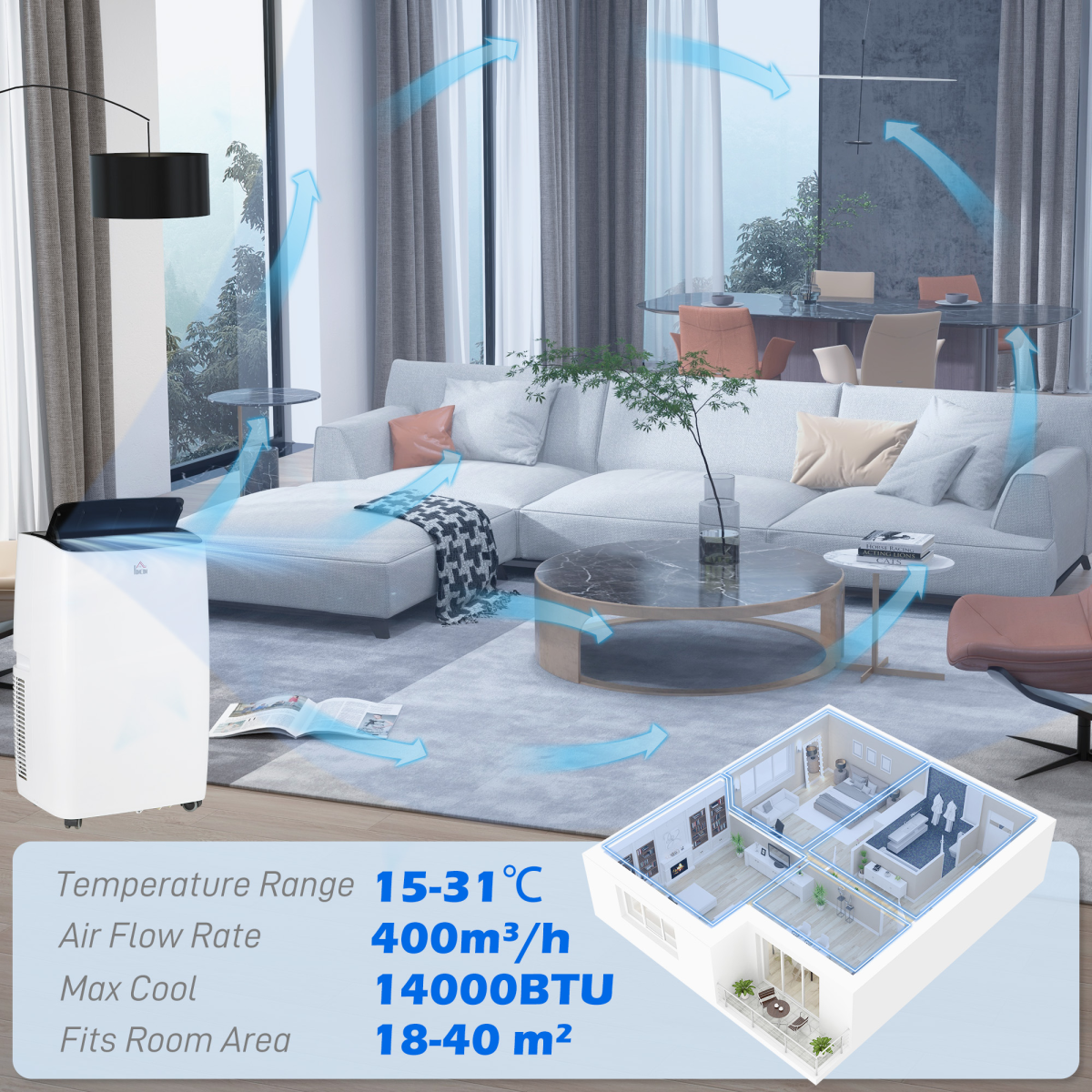 HOMCOM 14,000BTU Portable Air Conditioner AC, Remote, Timer, Dehumidify, Fan