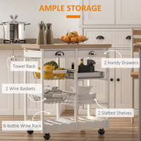 Kitchen Island Trolley 74W x 37D x 76Hcm White Pine Worktop 6-Bottle Wine Rack