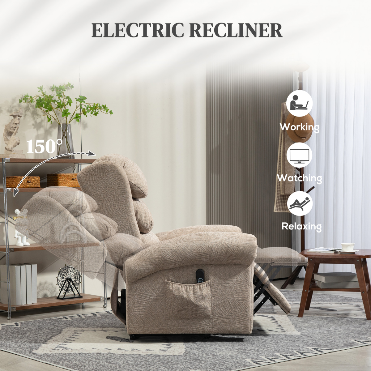 HOMCOM Power Lift Recliner Chair Elderly Remote Control Khaki 150° 135kg