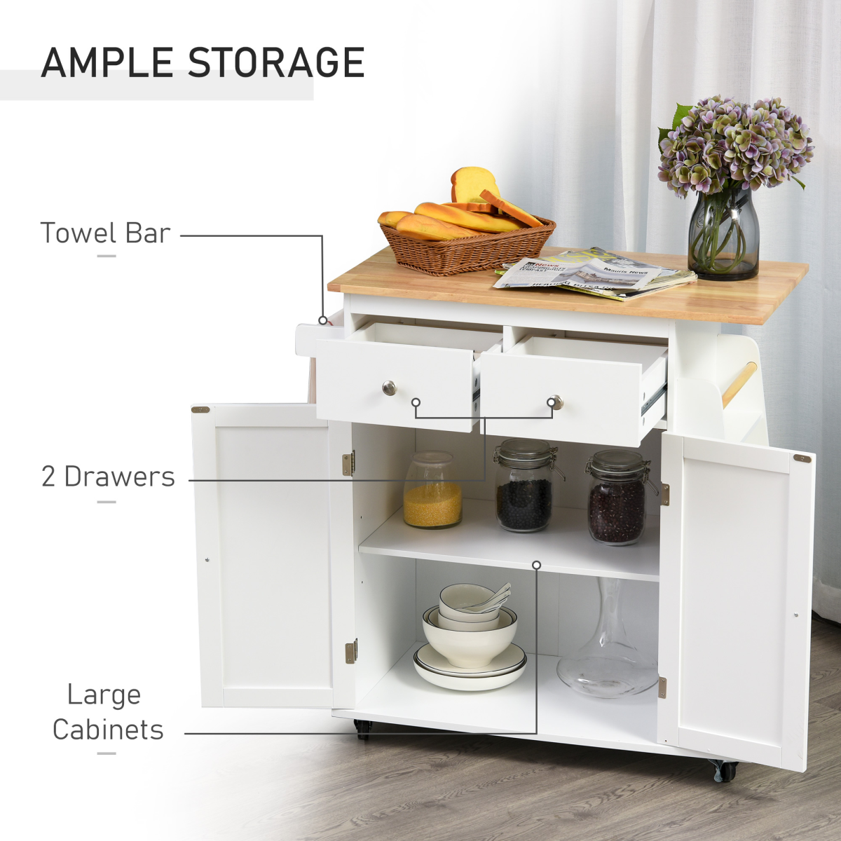 Kitchen Island Storage  Rubber Wood Top, 3-Tier Spice Rack,