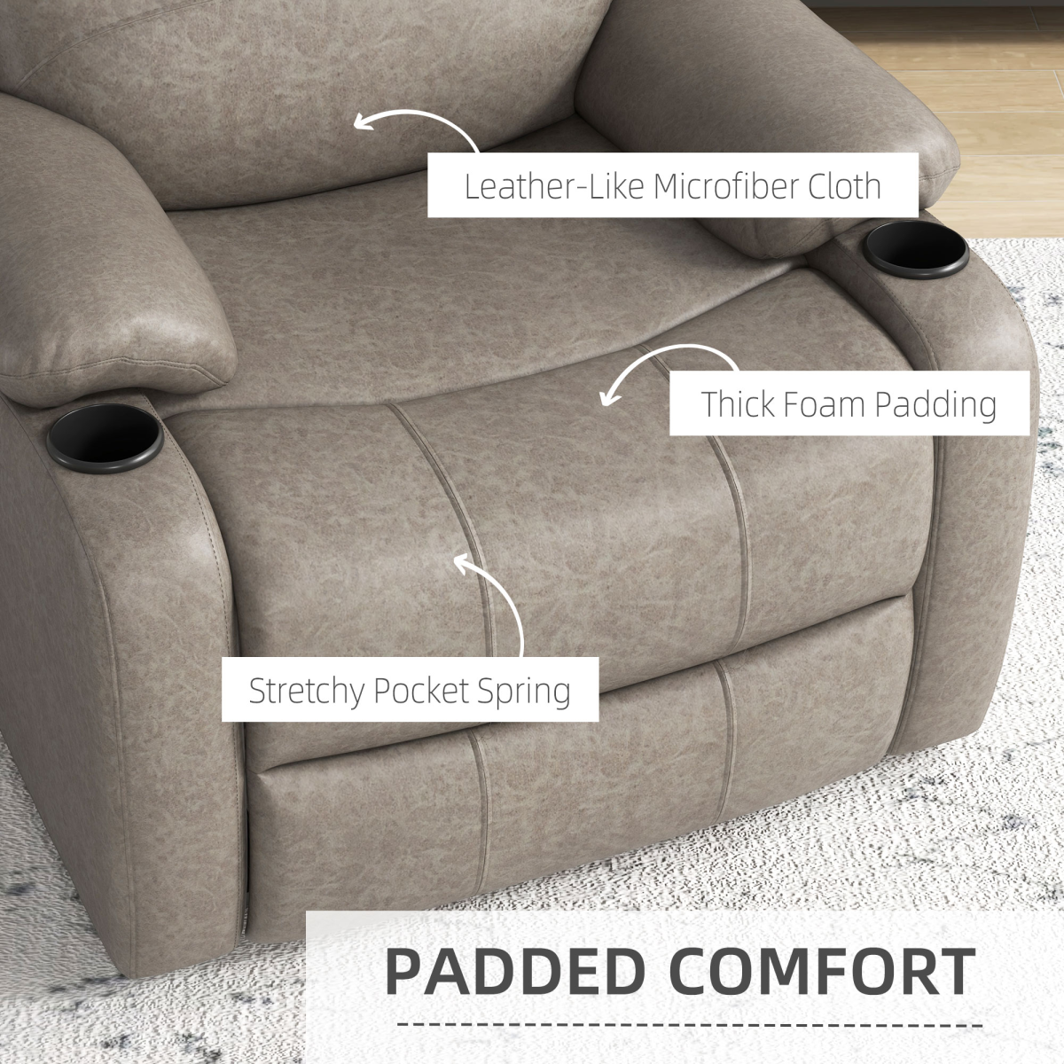 HOMCOM Faux Leather Recliner Armchair with Cup Holders, 135° Manual UK, 150kg