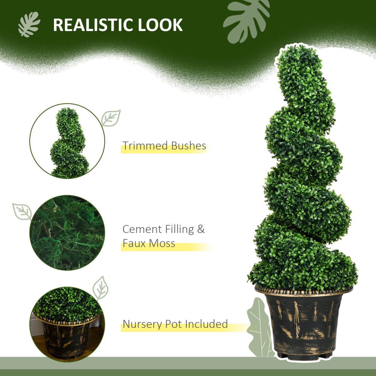 HOMCOM Set of 2 Artificial Boxwood Topiary Spiral Trees in Pots, 90cm